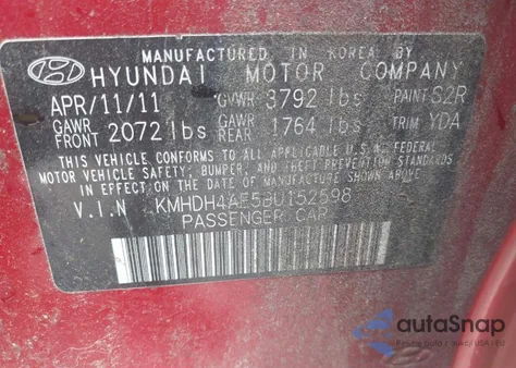 2011 Hyundai Elantra Gls (Ulsan Plant) z USA, uszkodzony, nr VIN KMHDH4AE5BU152598